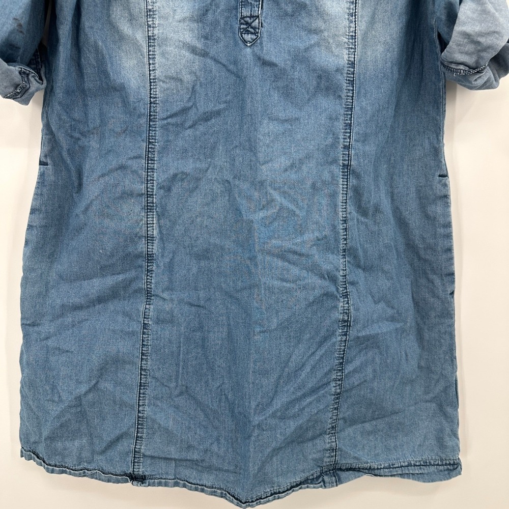 Jean Pascal Denim Tunic Dress Roll Tab Sleeves V Neck Button Front - Picture 3 of 13